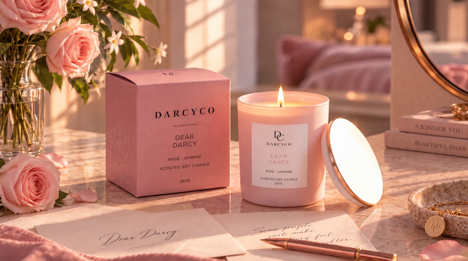Dear Darcy candle beside handwritten letters