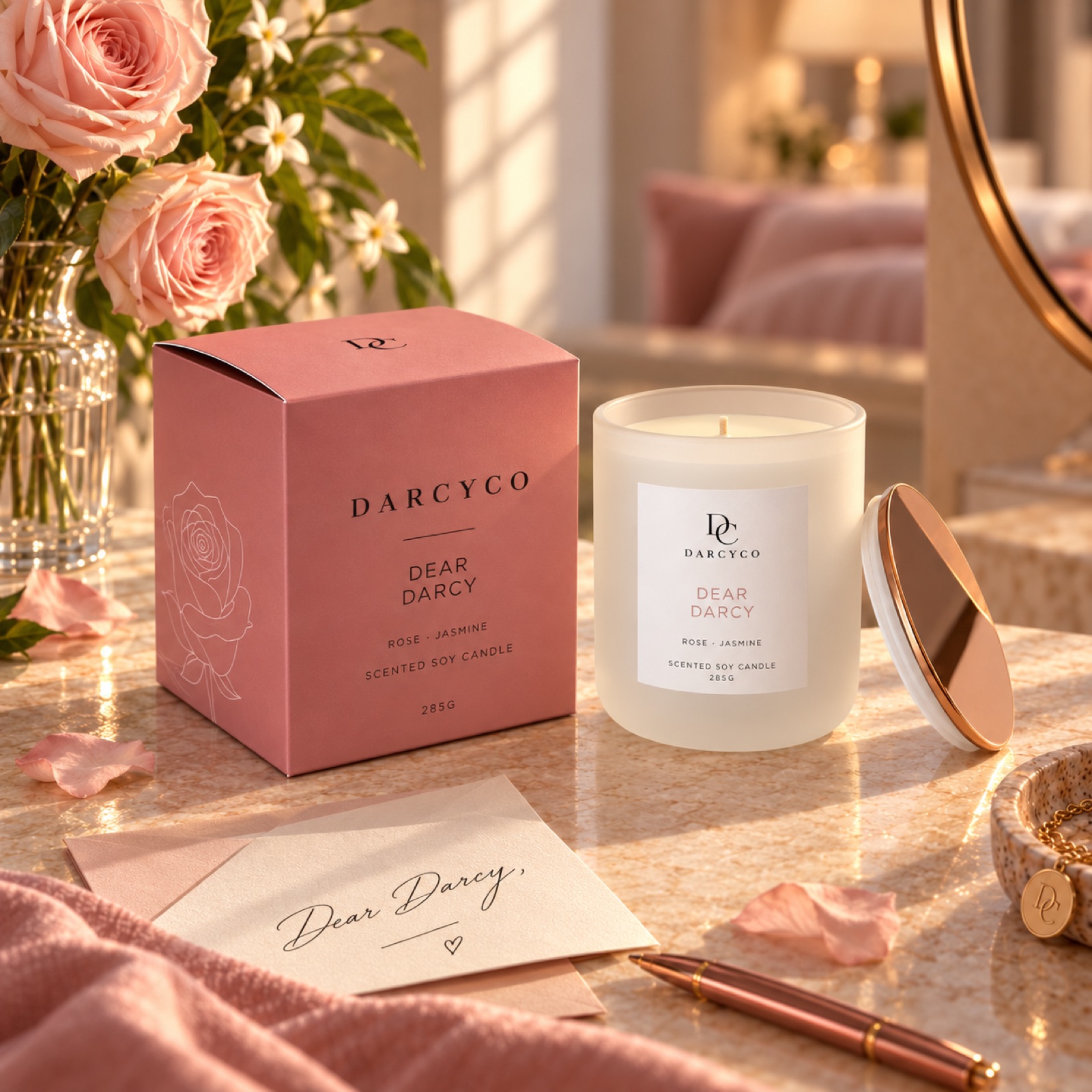 Dear Darcy candle on a dressing table