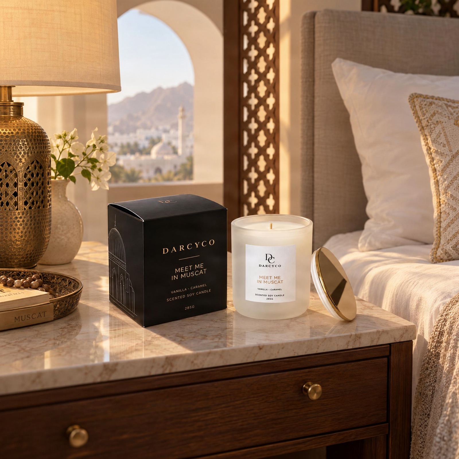 Meet Me in Muscat candle in a Muscat bedroom