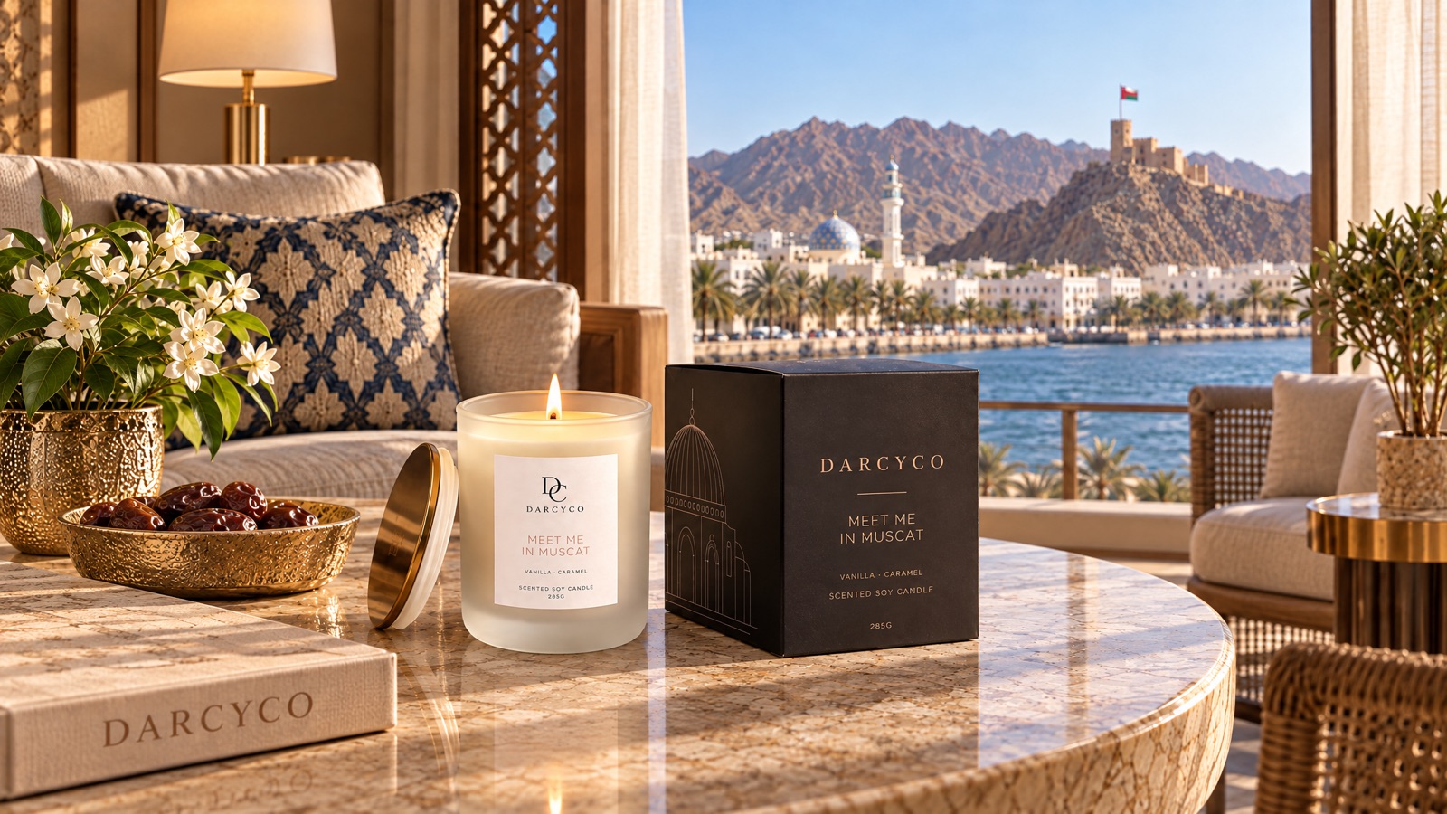 Meet Me in Muscat candle, lit, in a hotel