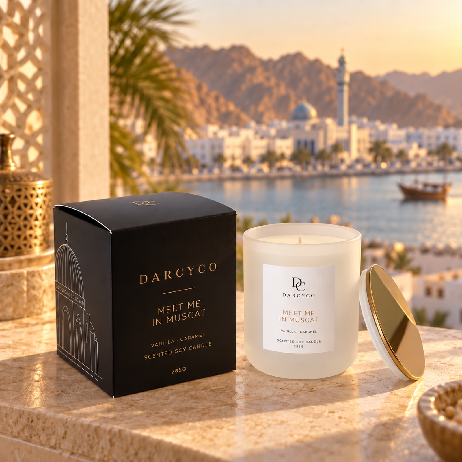Meet Me in Muscat on a balcony at golden hour