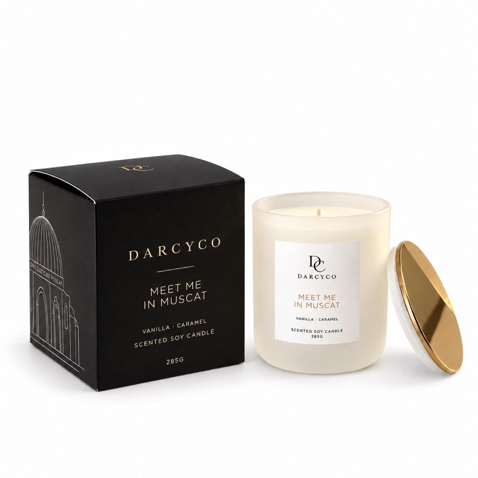 Meet Me in Muscat candle and box on white