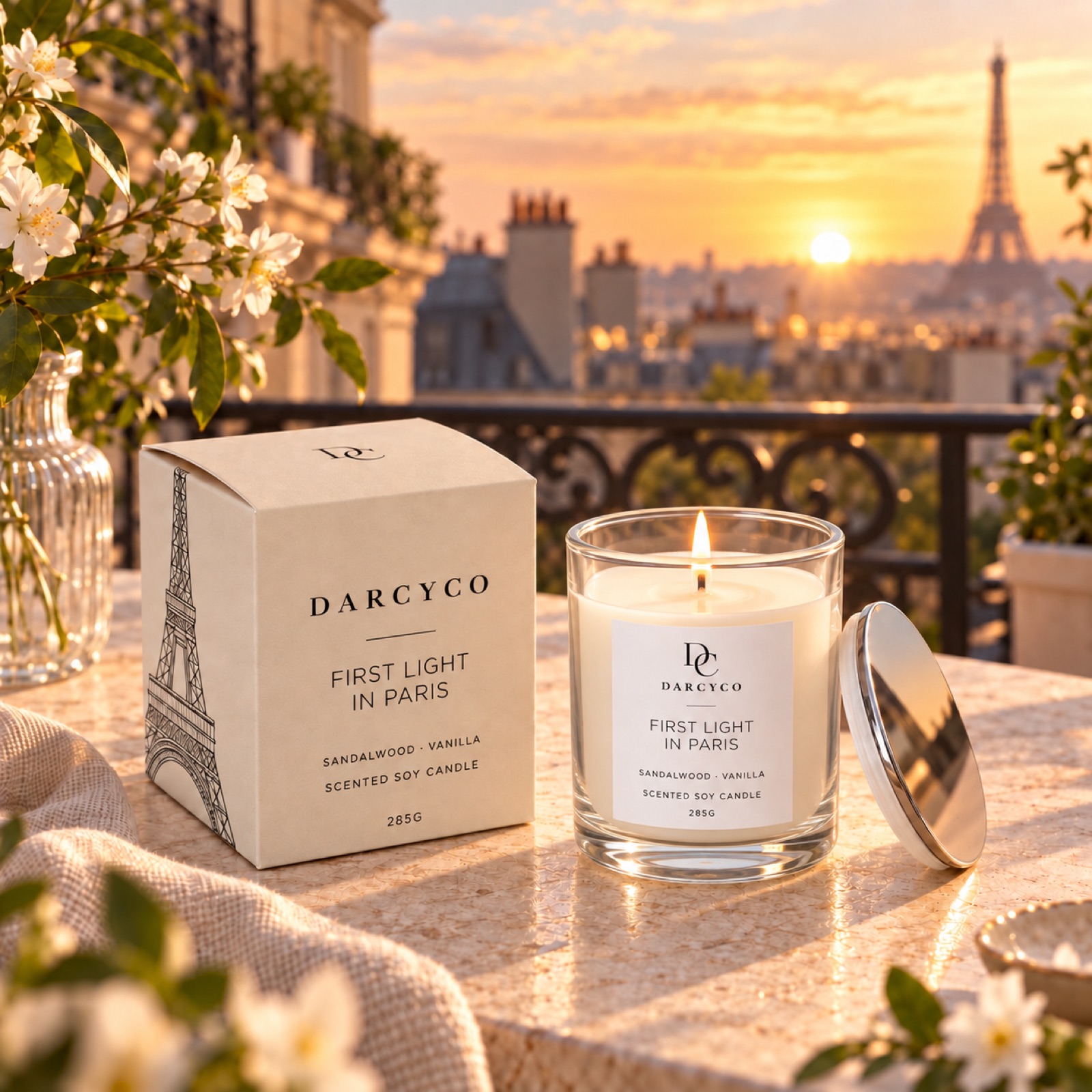 First Light in Paris on a balcony at sunset over Paris
