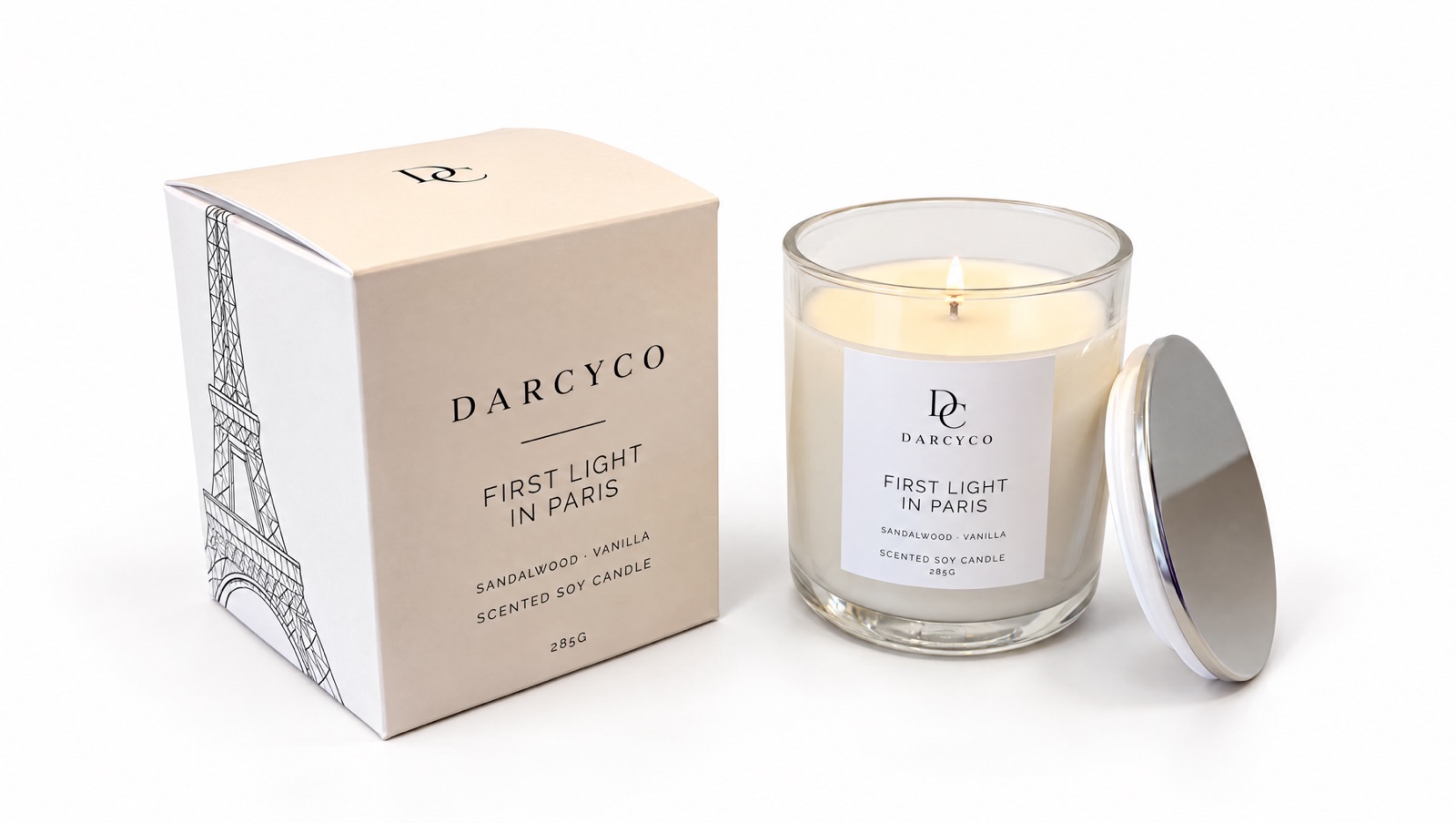 First Light in Paris candle and box on white