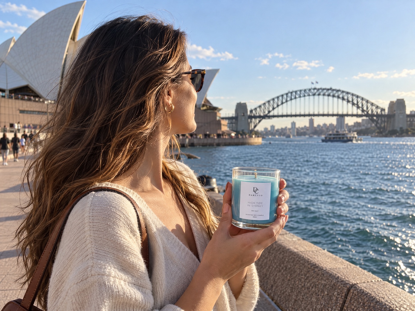 A woman holding High Tide in Sydney by the harbour
